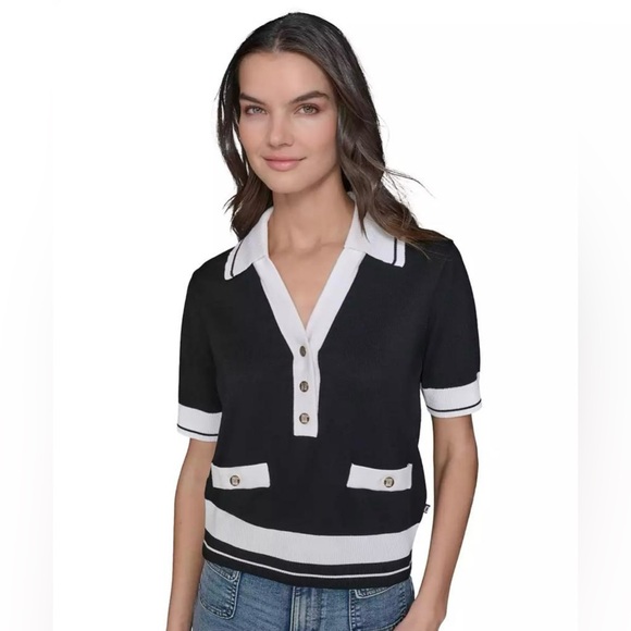 Karl Lagerfeld Tops - Karl Lagerfeld Women’s Short Sleeve Tipped Polo Sweater Monochrome Knit Collar M